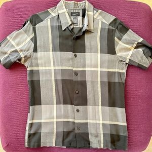 Men's Claiborne, Grey, Plaid, Rayon SS Shirt, Size L